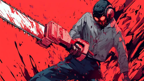 Masked figure with chainsaw in red graphic horror scene.