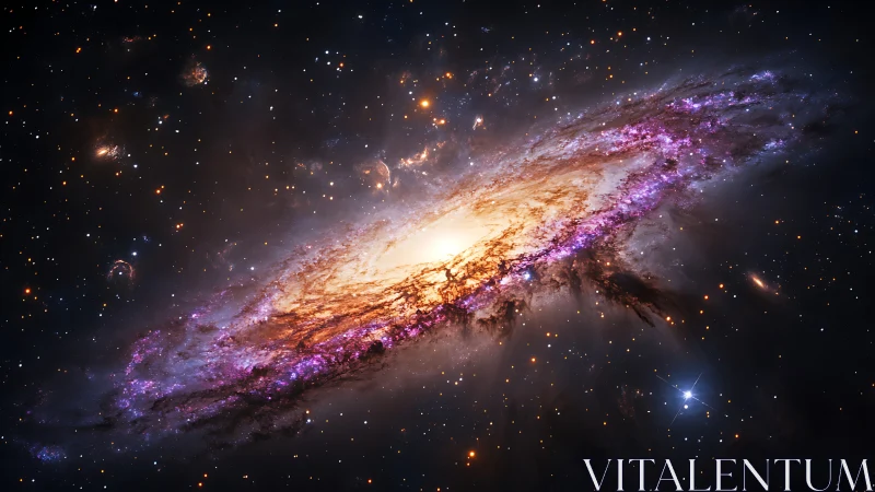 Spiraling starforge hurls violet dust across quiet cosmos