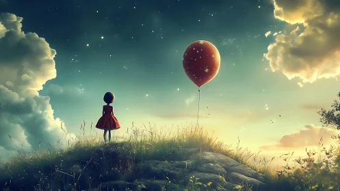 Girl on grassy hill with red balloon under cloudy sky.