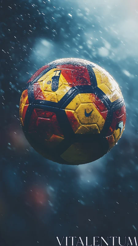 Soaked football spins through rain under dramatic stadium light