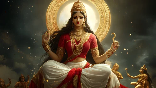 Moonlit goddess ascends in swirling gold and scarlet glory.