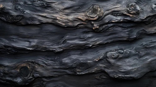 Charred wood grain surface shows molten organic texture.