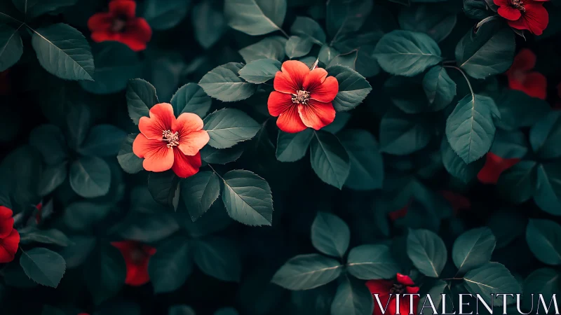 Deep Red Flowers with Teal Foliage: High-Contrast Botanical Composition