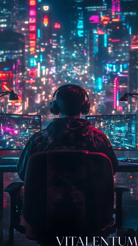 Neon-drenched gamer pilots twin screens through cyber city haze