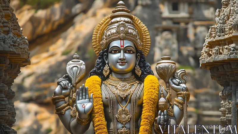 Gilded Hindu deity sculpture with garland in stone temple courtyard