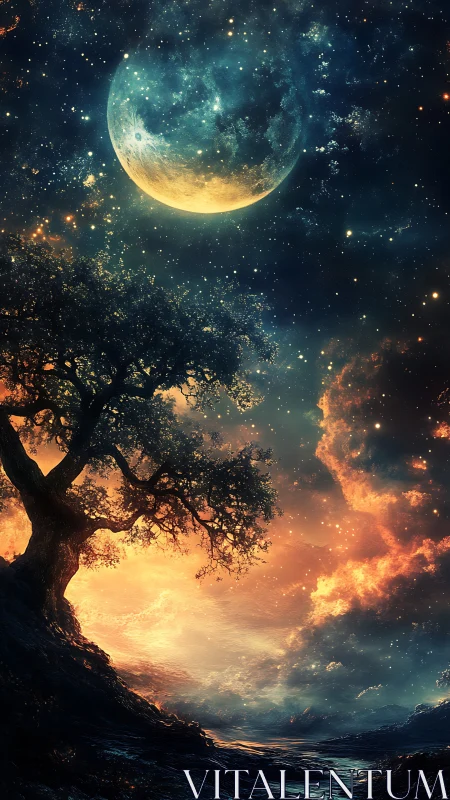 Lone silhouetted tree beneath luminescent crescent moon sky