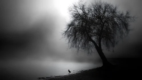 Solitary tree leans over misty lakeshore in ethereal dusk