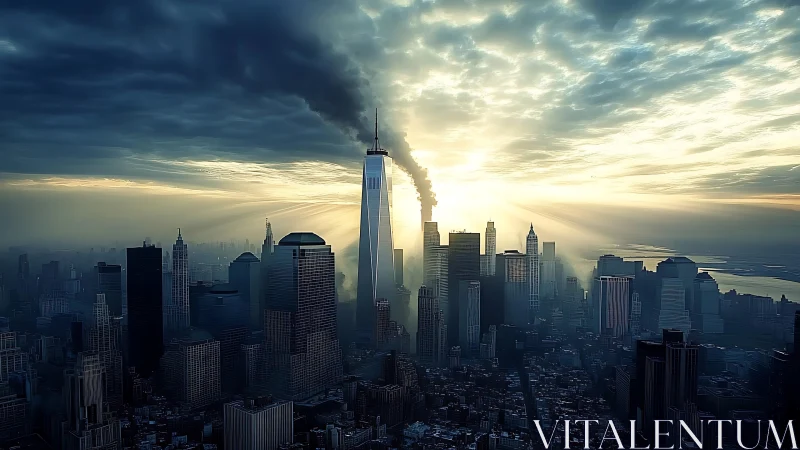 Sunlit skyscraper skyline rises through stormy urban haze