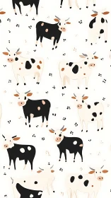 Playful pasture parade of spotted cartoon cows in cream fields.