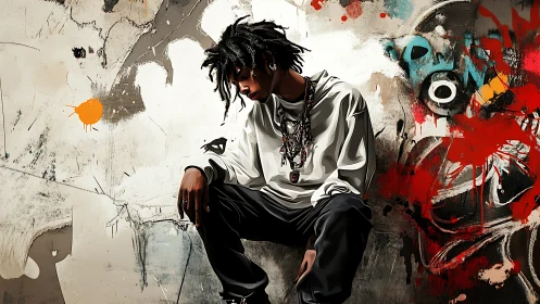 Pensive young man against abstract graffiti wall artwork.