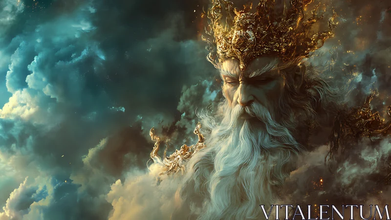 Mystical sky king drifting through glowing storm clouds.