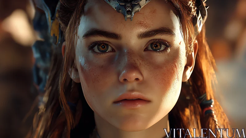 Warrior girl’s intense gaze under tribal metal crown.