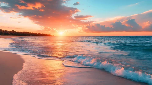 Sunset illuminates calm ocean waves along empty sandy beach