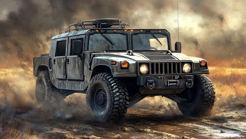 Armored off-road truck charges through muddy battlefield smoke.