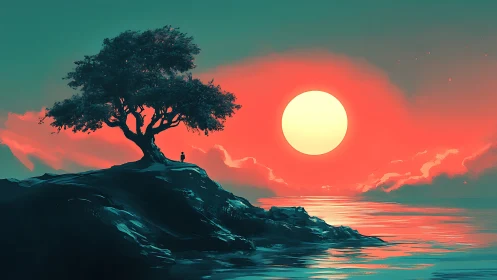 Solitary tree and figure on coastal cliff at large sunset.