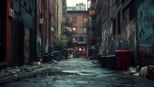 Rain-slicked graffiti alley hums with quiet urban tension.