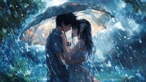 Romantic anime couple embracing under umbrella in rain.