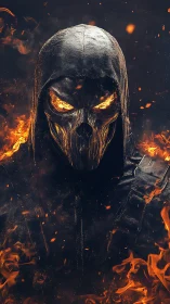 Hooded skull figure with fiery eyes in dark inferno setting.