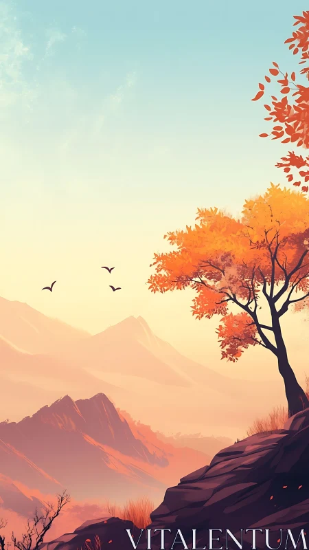 Autumn tree overlooks layered mountains at soft sunrise