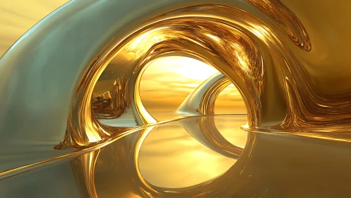 Curved metallic arches reflect golden light across smooth surface