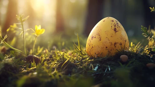 Speckled golden egg rests in sunlit forest floor bokeh