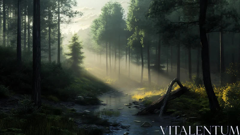 Luminescent Forest Corridor: Mist-Suffused Woodland Stream Analysis.