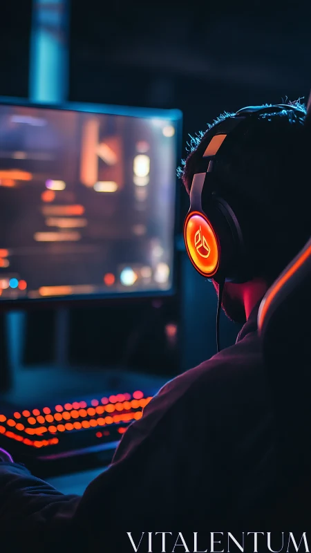 Backlit esports gamer at RGB desktop battle station, portrait