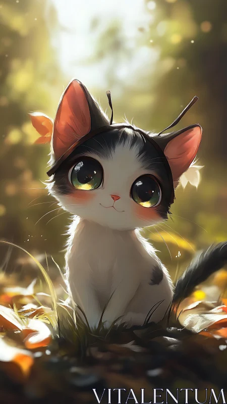 Illustrated feline with anthropomorphic features in luminous natural setting.