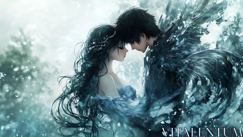 Snowbound lovers dissolve into swirling midnight feathers.