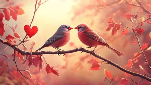 Two cardinals perched on branch with autumn foliage and red heart ornament.