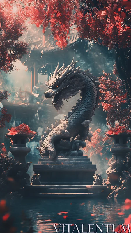 Serpentine dragon statue amid scarlet temple garden mist.
