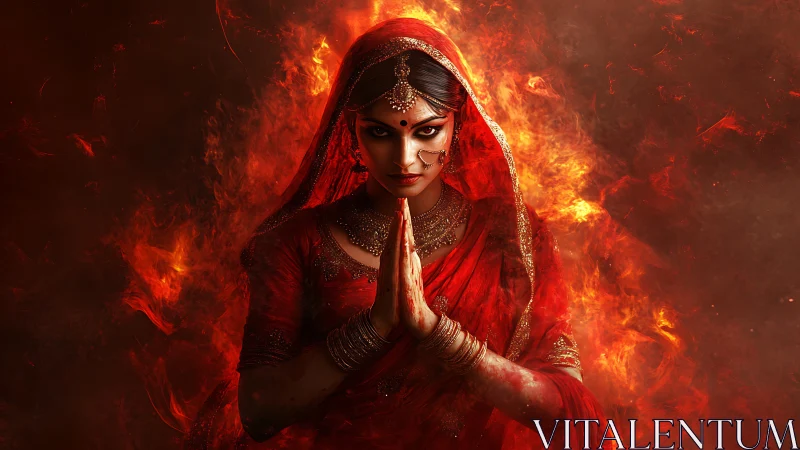 Fiery veiled warrior-priestess in symmetrical inferno field.