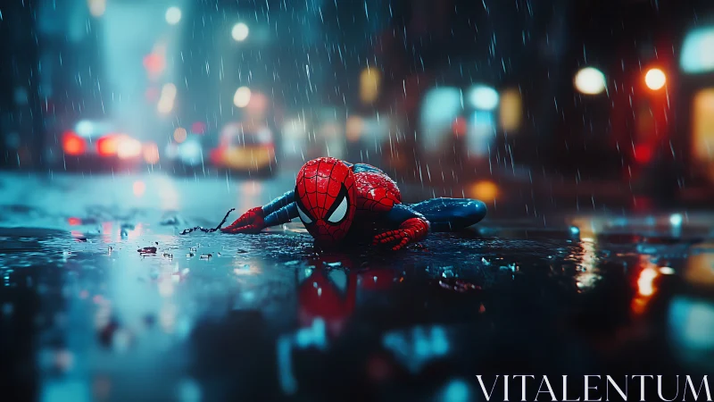 Spider-like hero collapses on neon-wet asphalt in cinematic rain