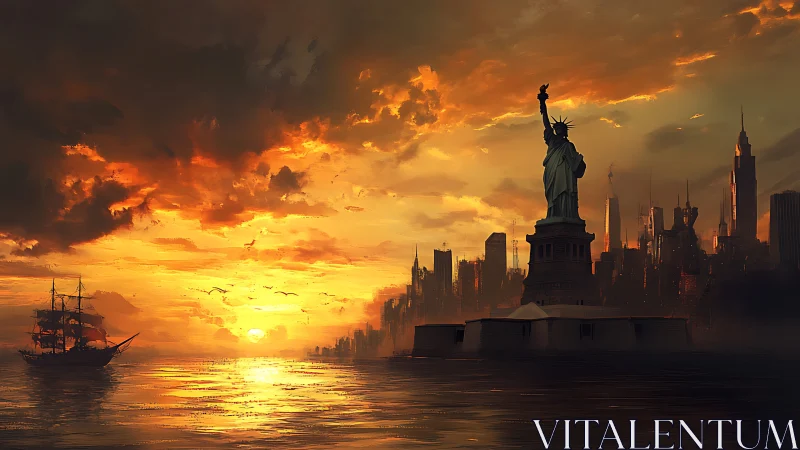 Digital painting of Liberty Harbor at cinematic sunset.