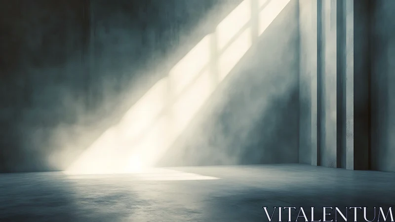 Sunlit diagonal beam in sparse concrete interior space.