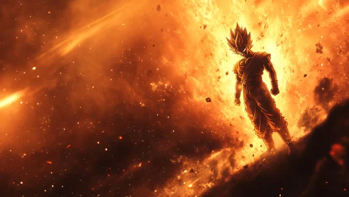 Celestial warrior silhouette amid incandescent cosmic shockwave