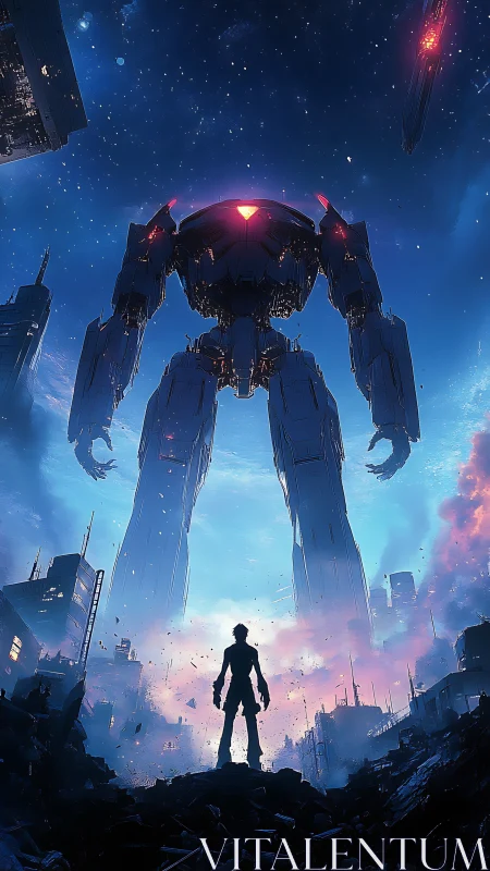 Starlit rebel confronts towering war mech at dawn’s edge.