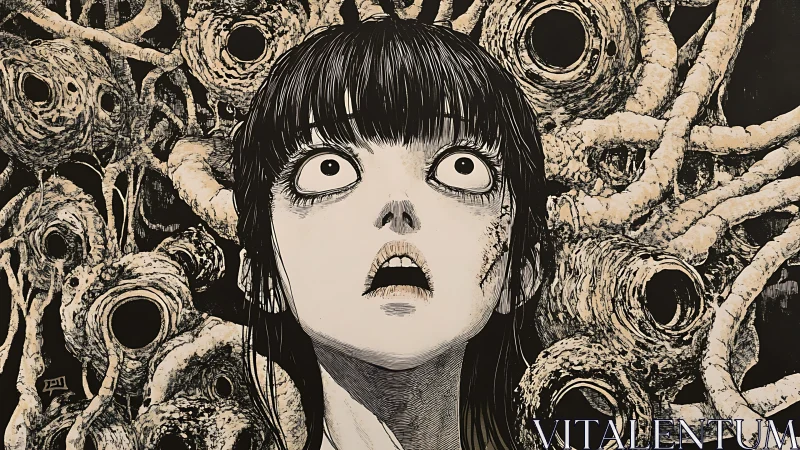 Wide eyed girl meets writhing tunnels in eerie nightmare vision