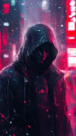 Neon hooded drifter walks through rainlit cyberpunk alleys.