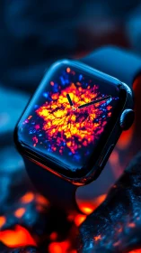 Molten midnight smartwatch cradling a tiny lava galaxy.