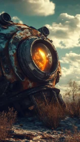 Sunken rusted spacesuit helmet with molten inner glow.