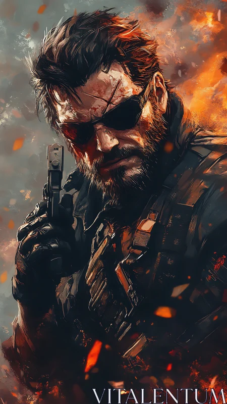 Armored male figure with handgun stands amid drifting embers