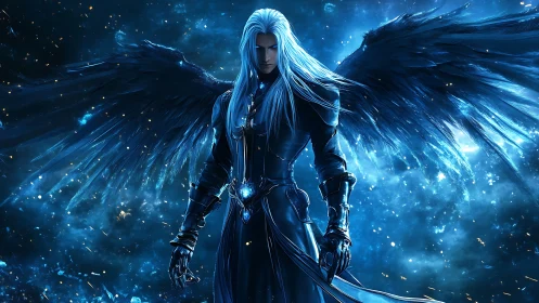 Dark seraph warrior amid luminous cosmic stormscape.