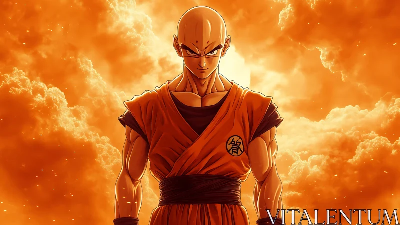 Fiery anime warrior stands strong against glowing clouds