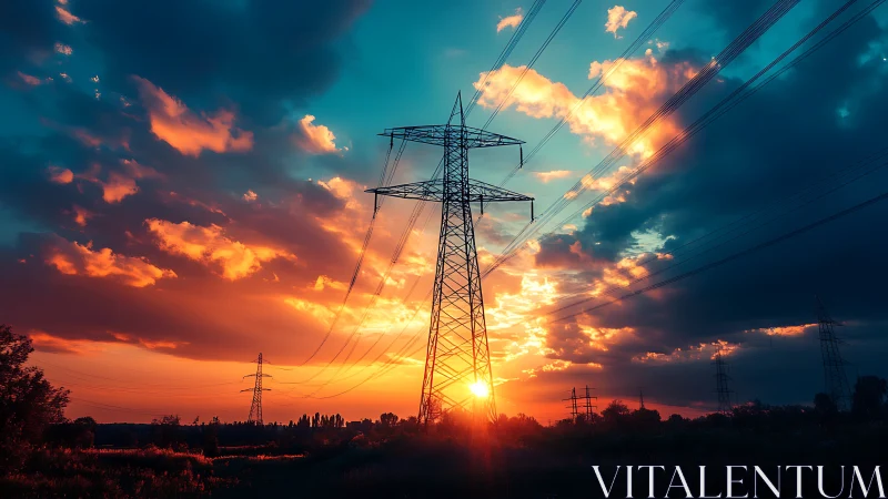 Power transmission tower cuts through vivid sunset sky.