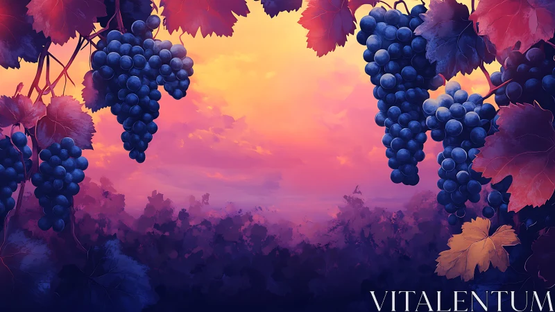 Sunlit vineyard grapes glow against a dreamy evening sky