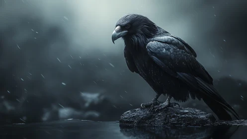 Stormlit raven on wet rock in moody monochrome rain scene.