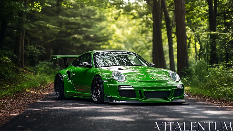 Vibrant green track car poised on sunlit forest road.