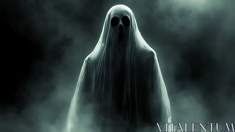 Eerie ghostly figure drifting through swirling shadowy mist.