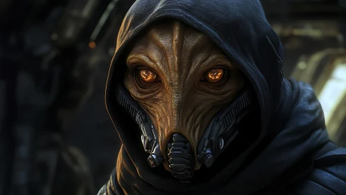 Hooded alien figure with mechanical respirator in dark setting.